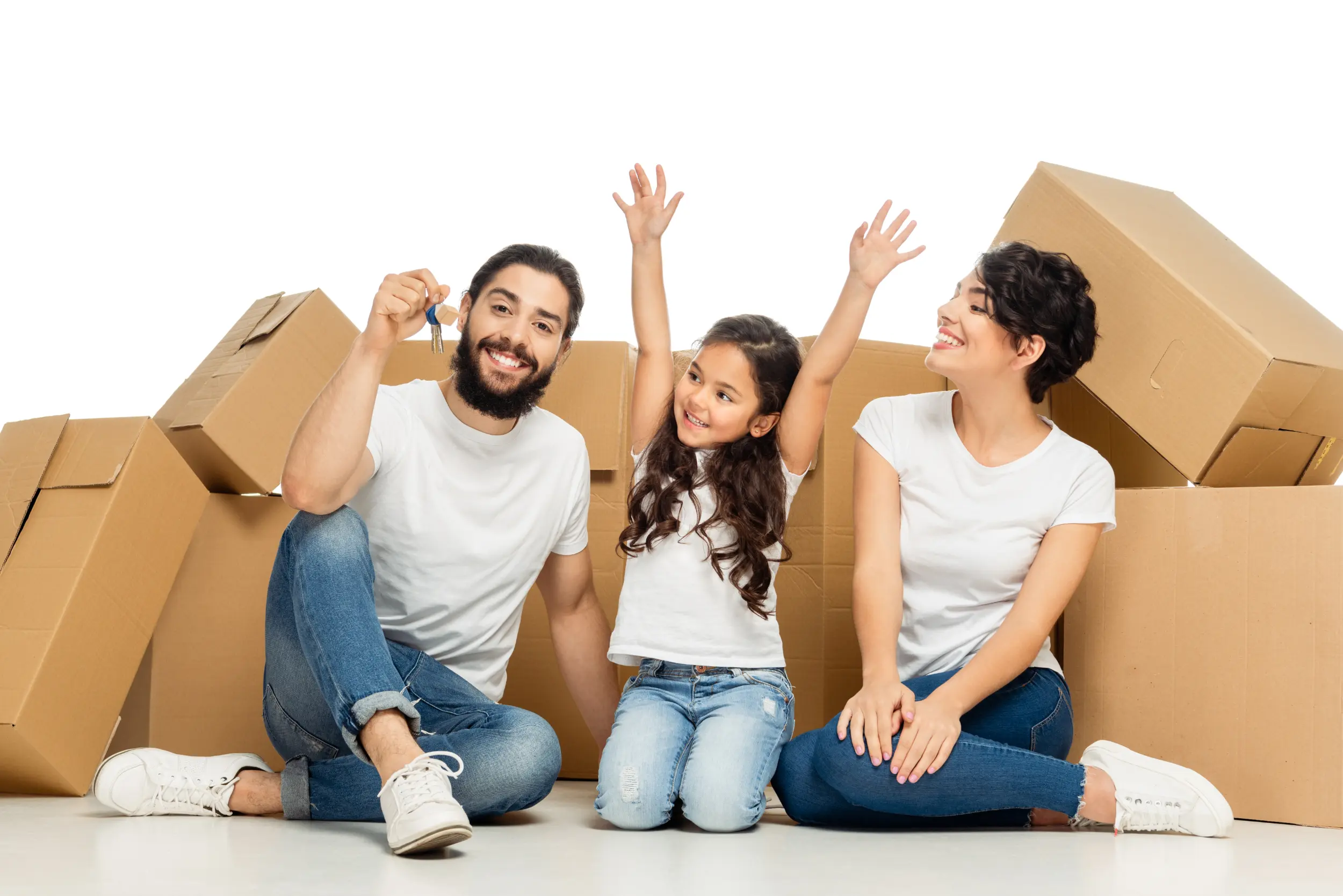 Happy latin kid gesturing while looking at father holding keys and sitting near boxes isolated on white